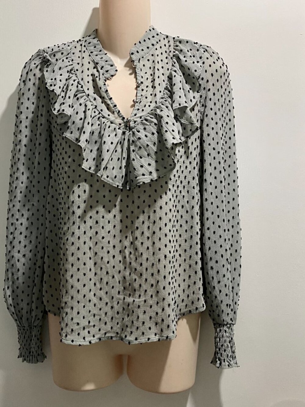 Alice Blue 3D Polka Dot Ruffles Flowy Puff Smoked Sheer Fairy Boho Blouse Top M
